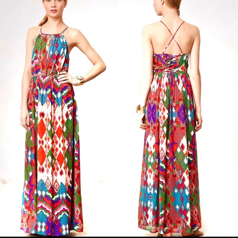 Maeve Multicolor Geometric Print Halter Maxi Dress